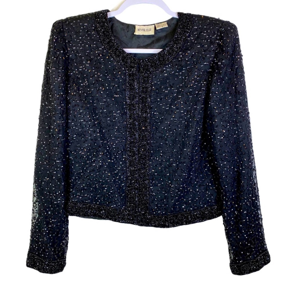 Vintage Beaded Silk Jacket Blouse Black Size Small